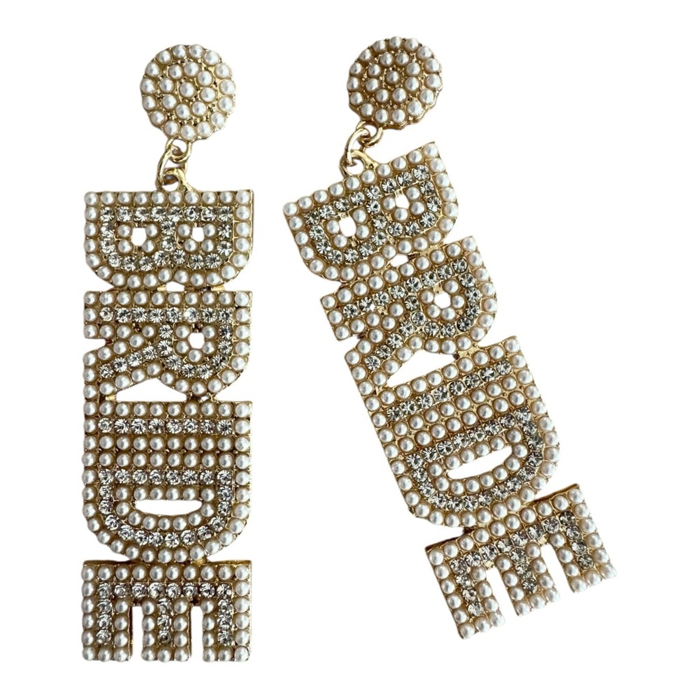 3/$28 Gold and White Pearl 'BRIDE' Earrings